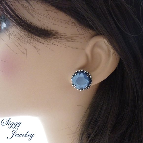 Cushion Cut Crystal Dark Gray Solitaire Stud Earrings, 12mm Assorted Finishes - Picture 8 of 9